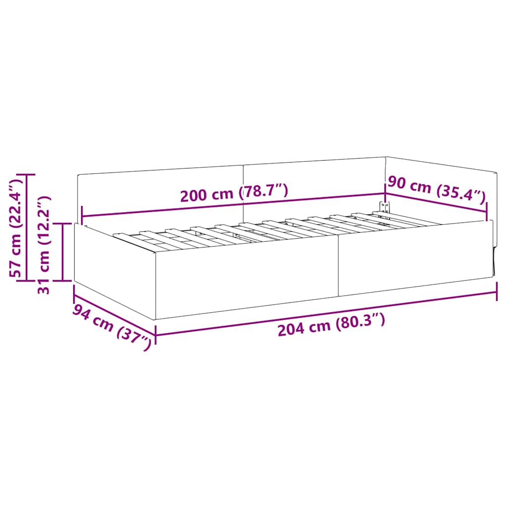 Hjørnesengramme med hovedgærde Vinrød 90 cm x 200 cm Fløjl