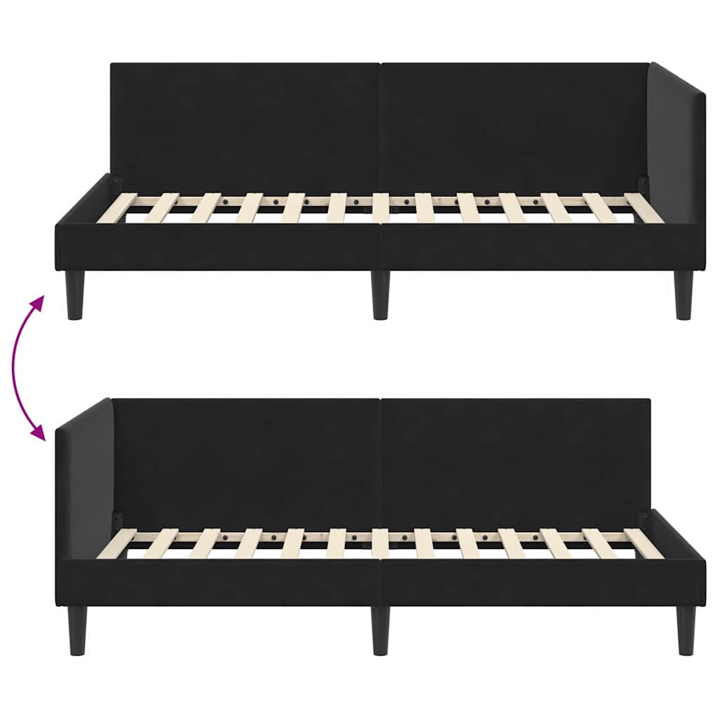 Hjørnesengramme med hovedgærde Sort 90 cm x 190 cm Fløjl
