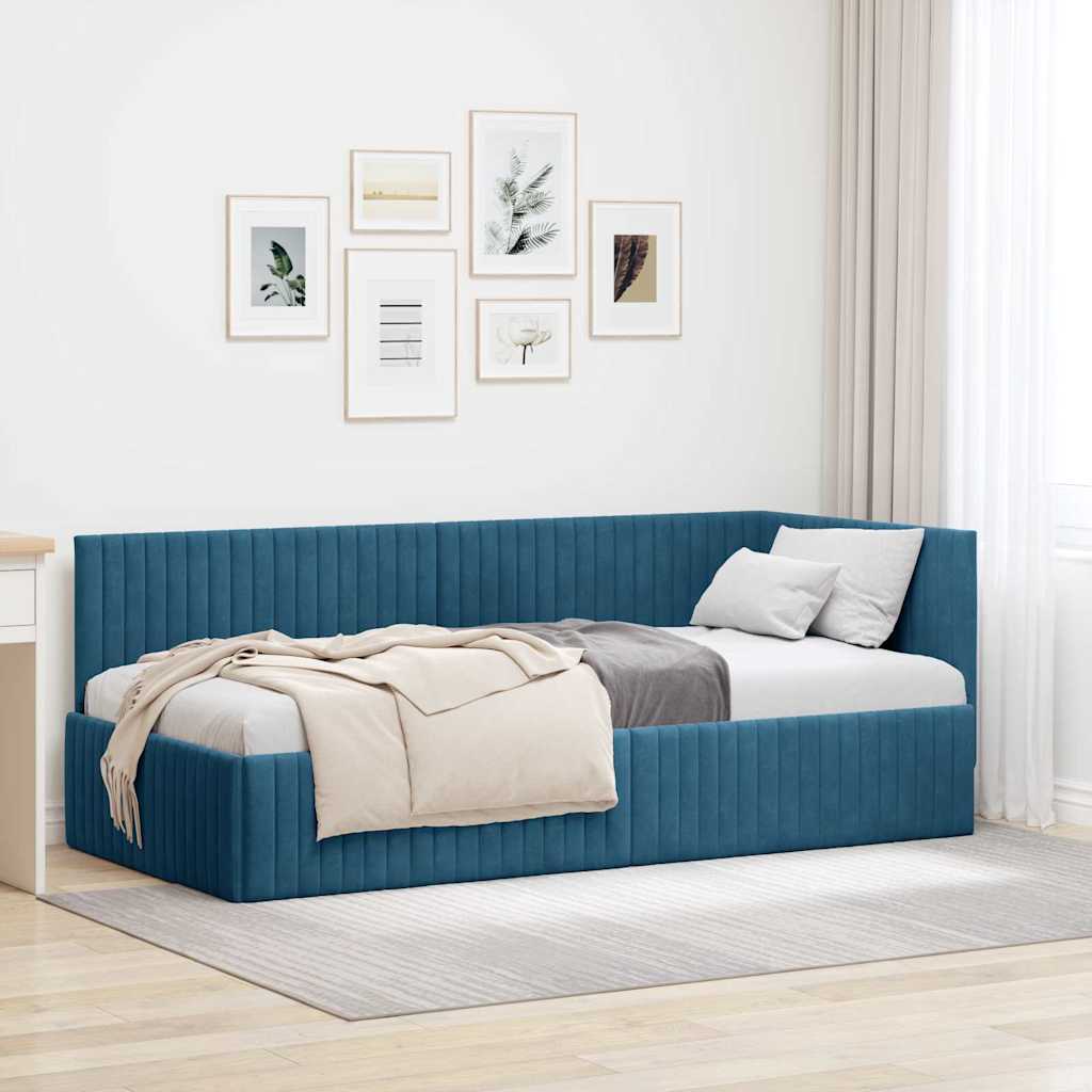 Hjørnesengramme med hovedgærde Blå 90 cm x 200 cm Fløjl
