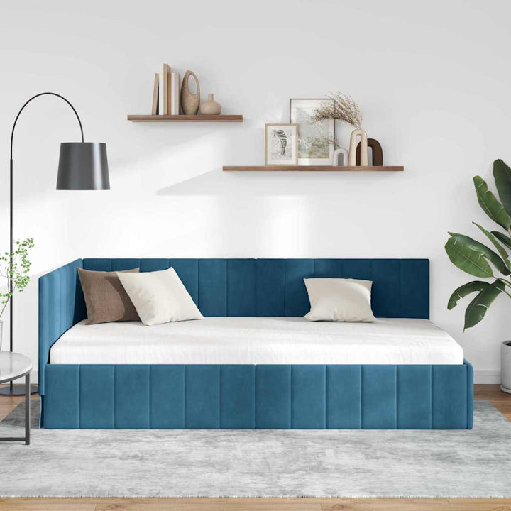 Hjørnesengramme med hovedgærde Blå 90 cm x 190 cm Fløjl