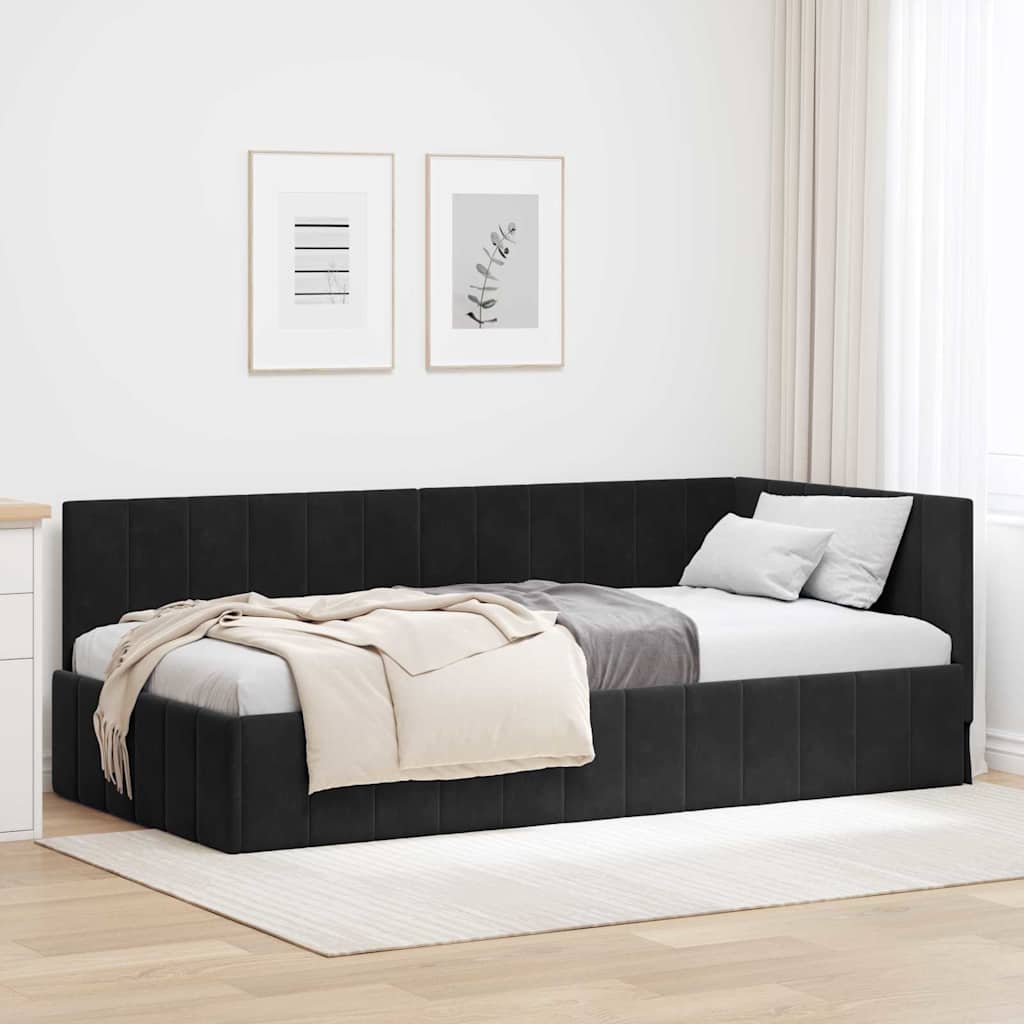 Hjørnesengramme med hovedgærde Sort 90 cm x 190 cm Fløjl