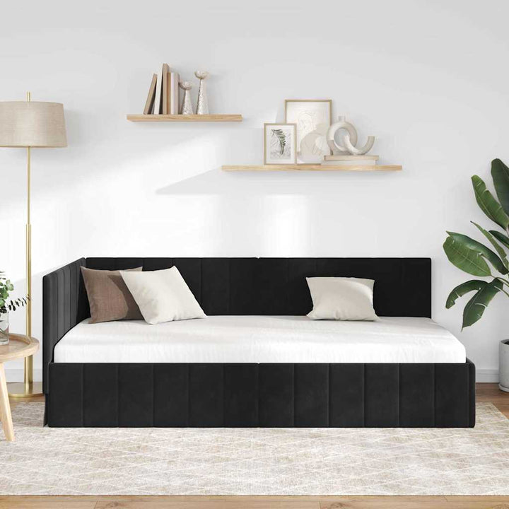 Hjørnesengramme med hovedgærde Sort 90 cm x 190 cm Fløjl