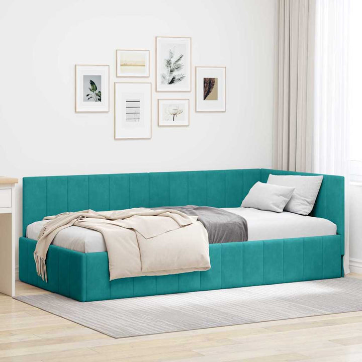 Hjørnesengramme med hovedgærde Turkis 90 cm x 200 cm Fløjl