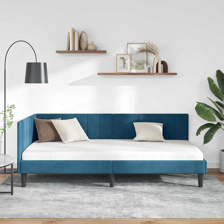 Hjørnesengramme med hovedgærde Blå 90 cm x 190 cm Fløjl