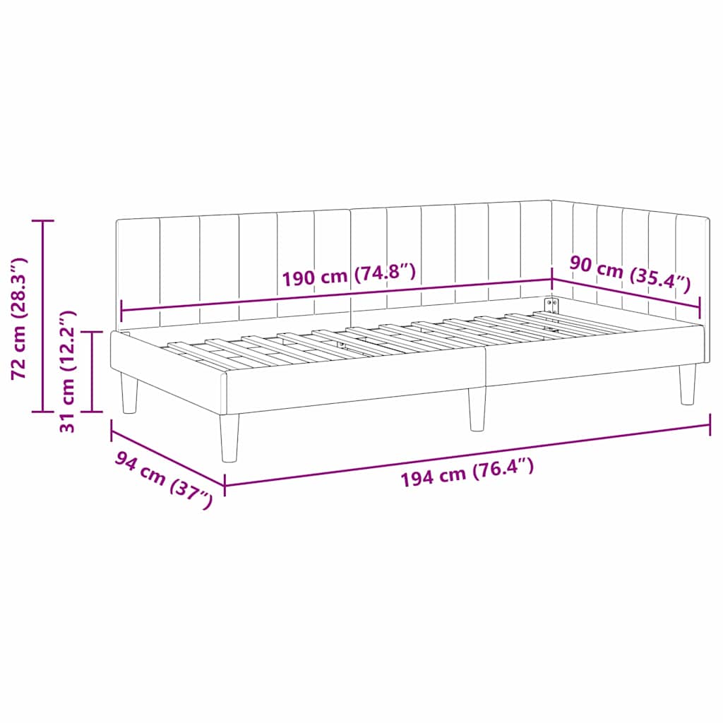 Hjørnesengramme med hovedgærde Creme 90 cm x 190 cm Fløjl