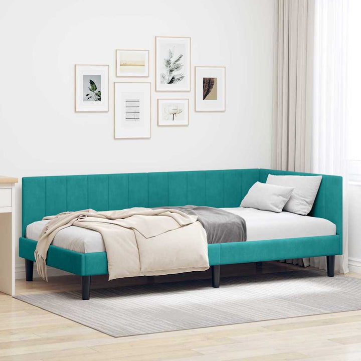 Hjørnesengramme med hovedgærde Turkis 90 cm x 190 cm Fløjl