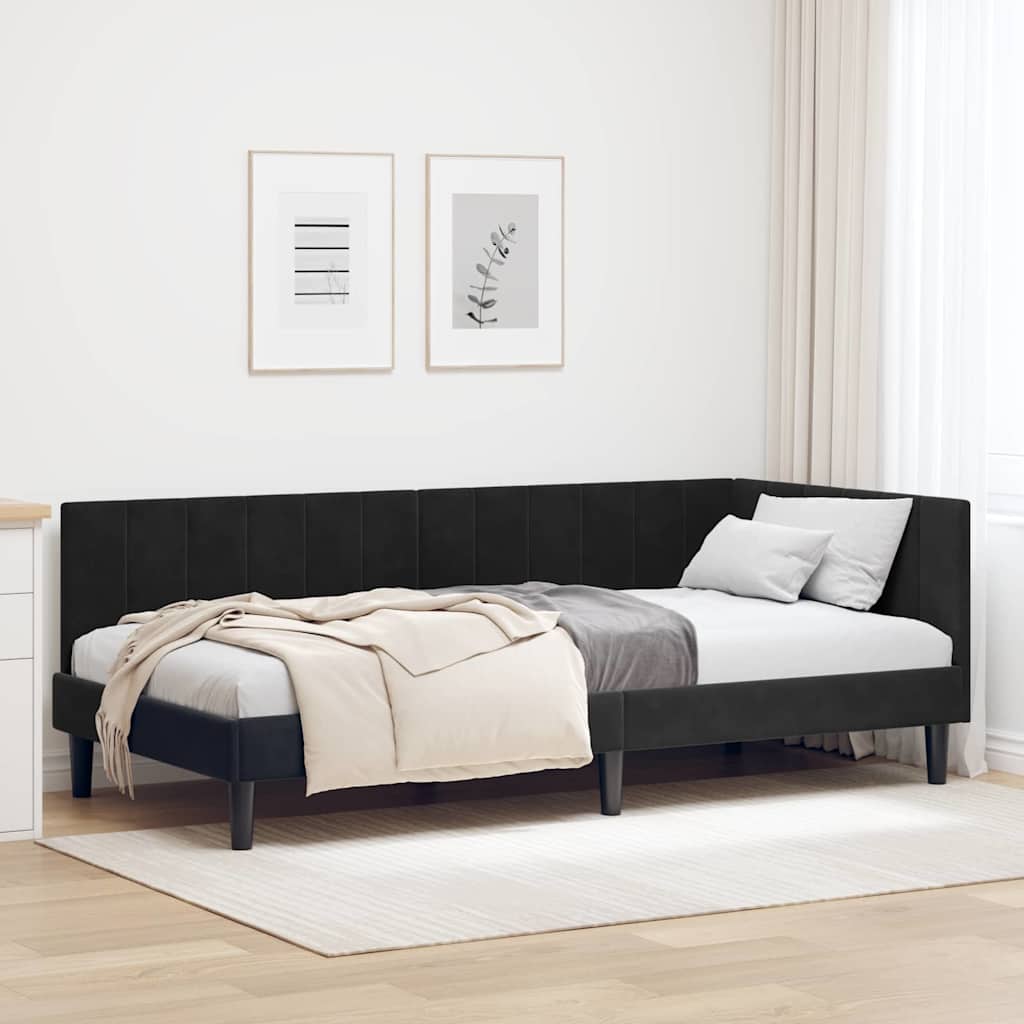 Hjørnesengramme med hovedgærde Sort 90 cm x 200 cm Fløjl
