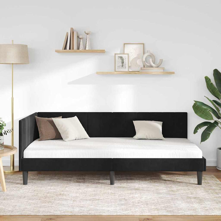 Hjørnesengramme med hovedgærde Sort 90 cm x 200 cm Fløjl