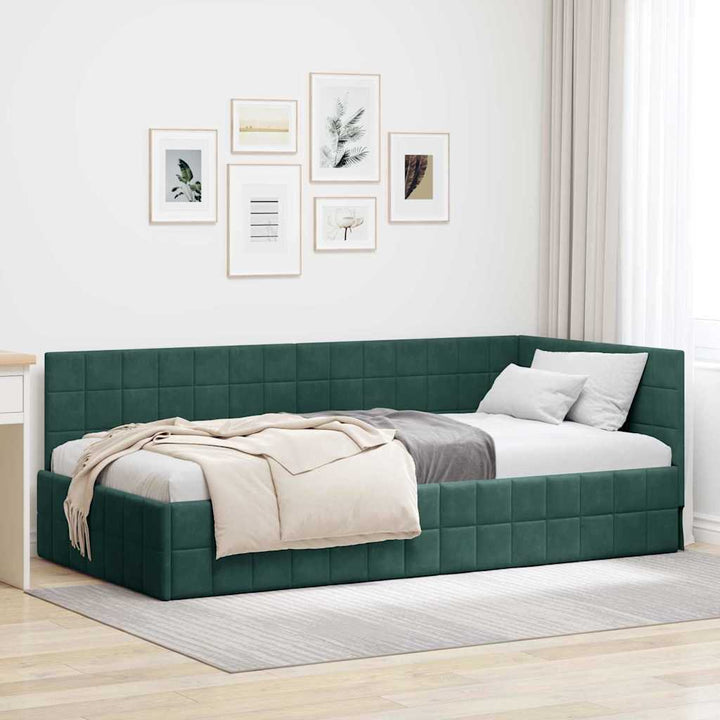 Hjørnesengramme med hovedgærde Mørkegrøn 90 cm x 190 cm Fløjl