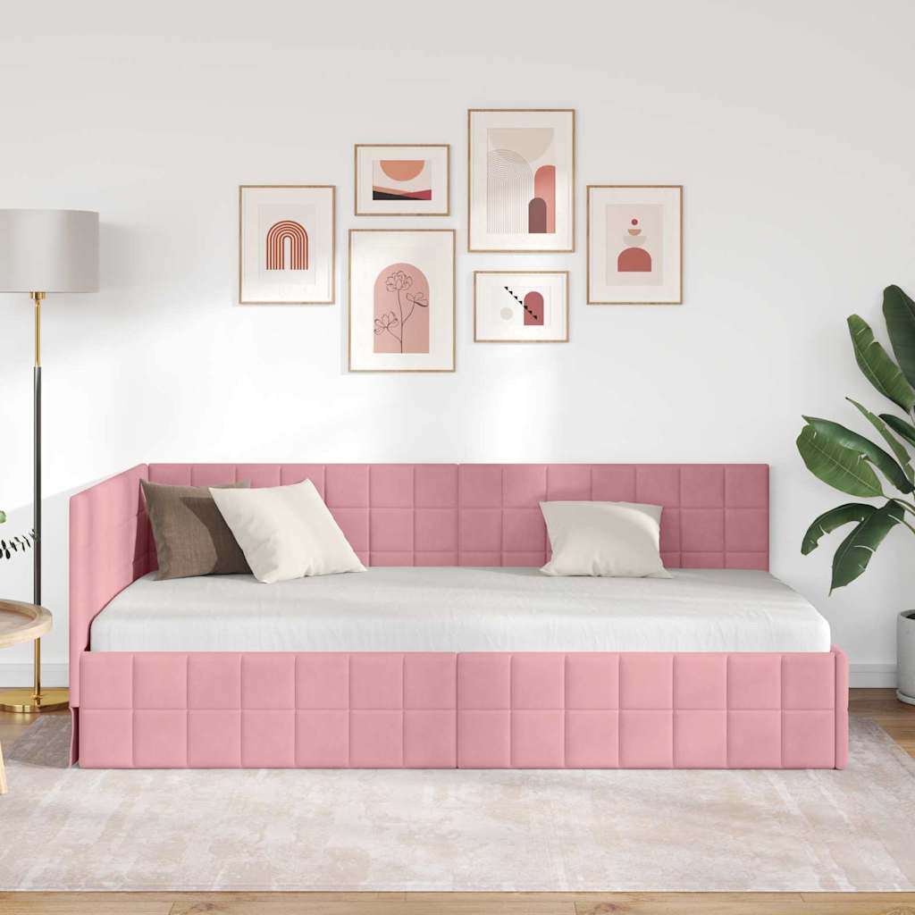 Hjørnesengramme med hovedgærde Lyserød 90 cm x 190 cm Fløjl