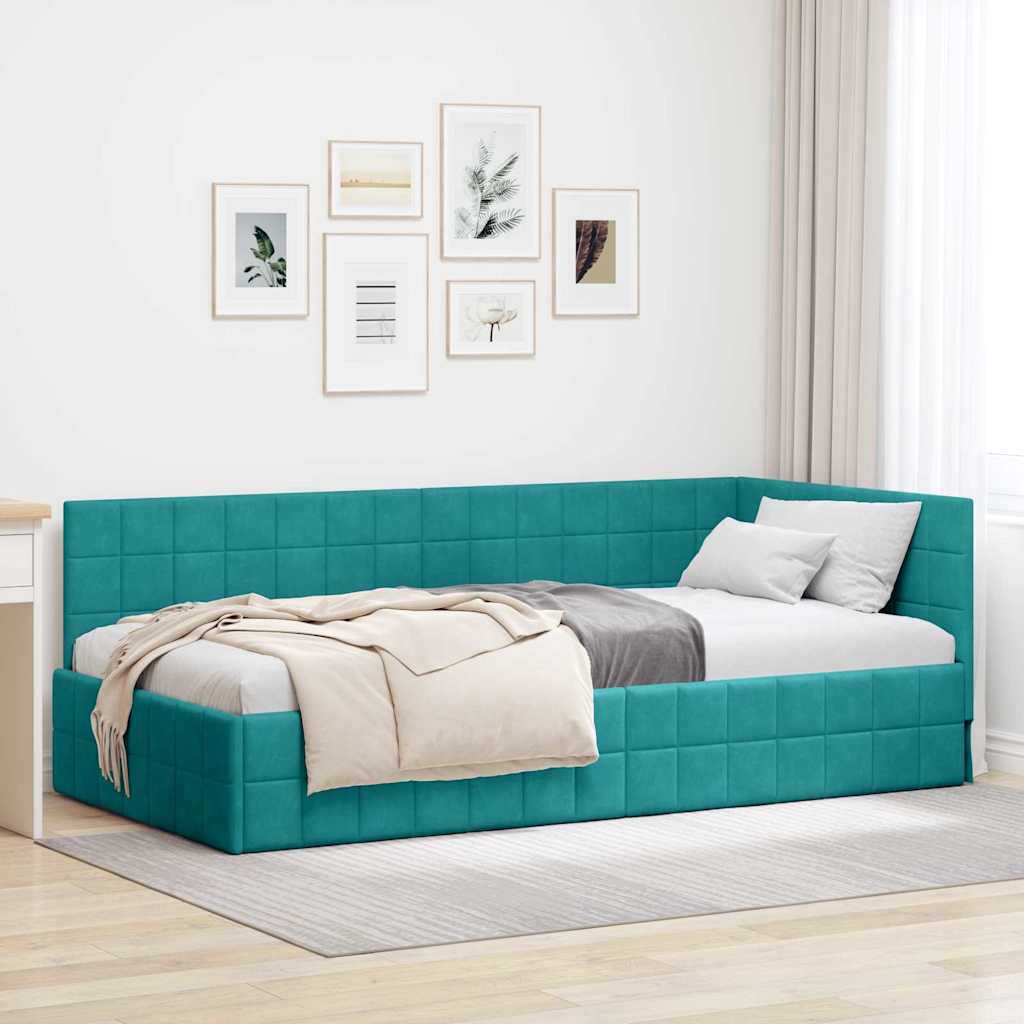 Hjørnesengramme med hovedgærde Turkis 90 cm x 190 cm Fløjl
