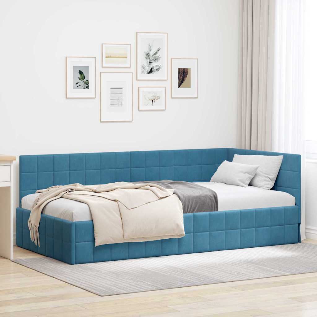 Hjørnesengramme med hovedgærde Blå 90 cm x 200 cm Fløjl