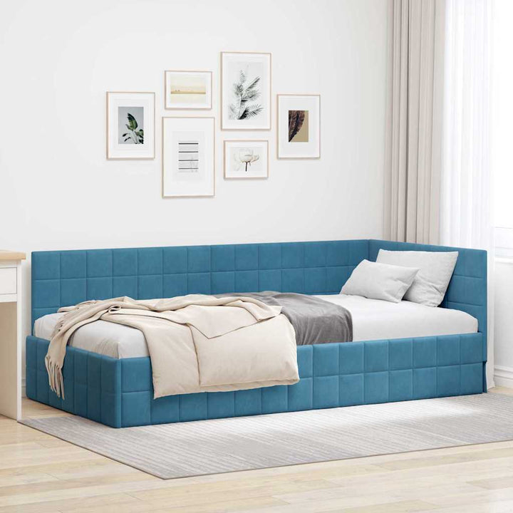 Hjørnesengramme med hovedgærde Blå 90 cm x 200 cm Fløjl