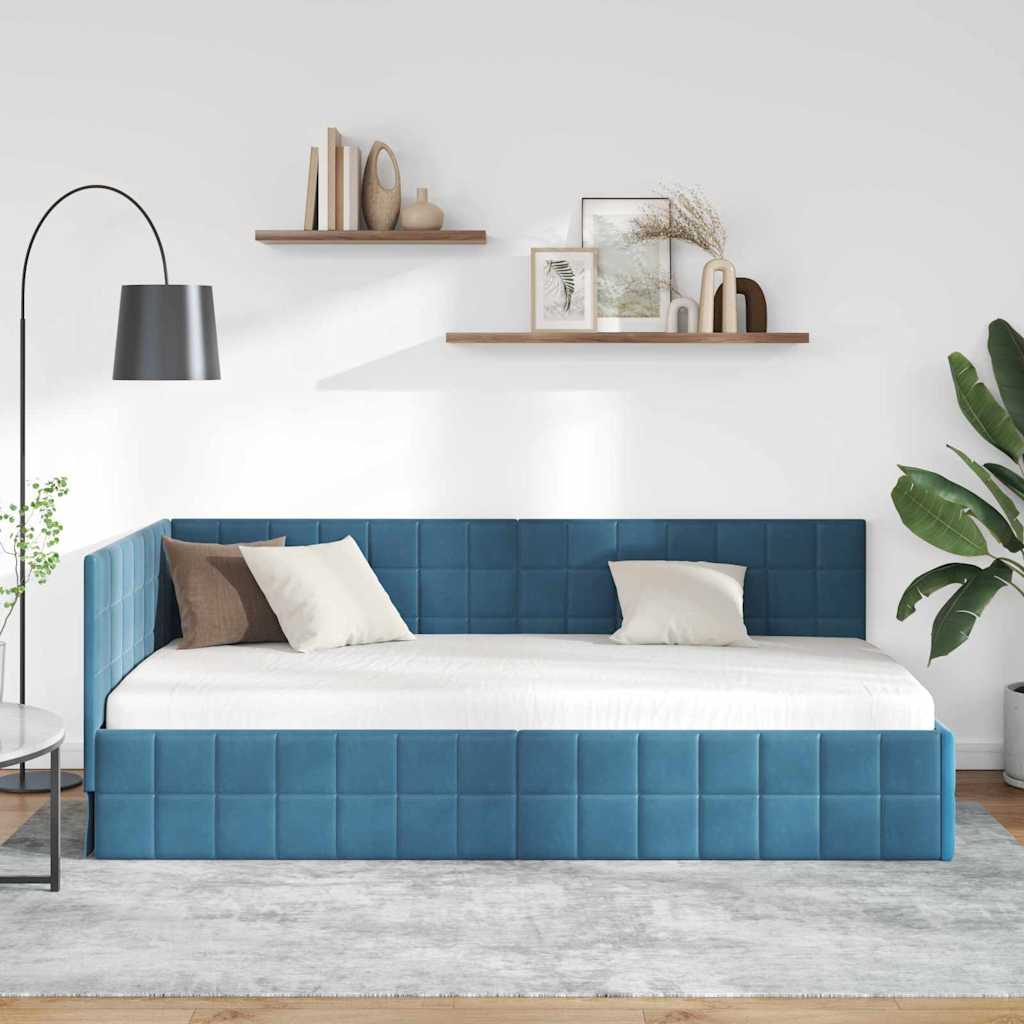 Hjørnesengramme med hovedgærde Blå 90 cm x 200 cm Fløjl