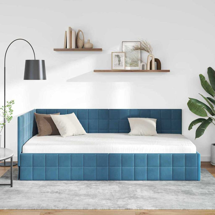 Hjørnesengramme med hovedgærde Blå 90 cm x 200 cm Fløjl
