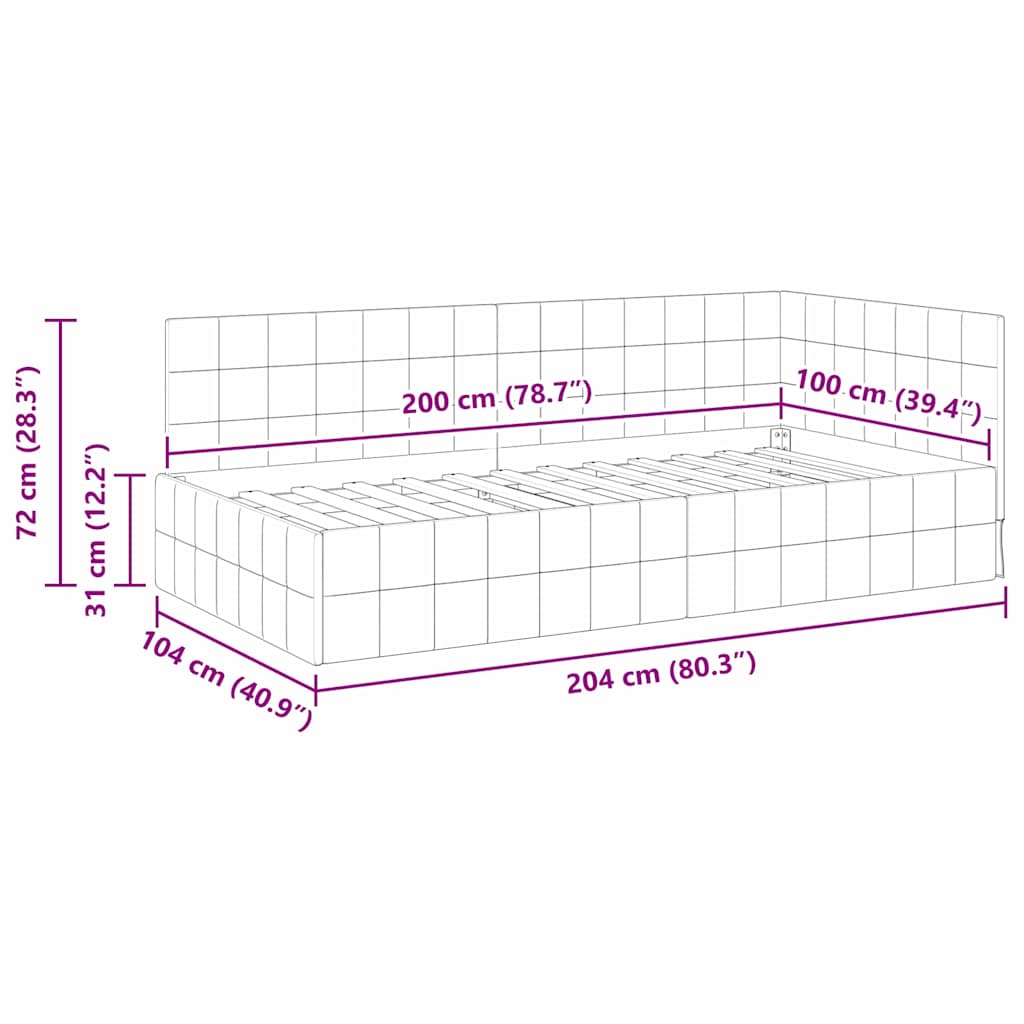 Hjørnesengramme med hovedgærde Sort 100 cm x 200 cm Fløjl