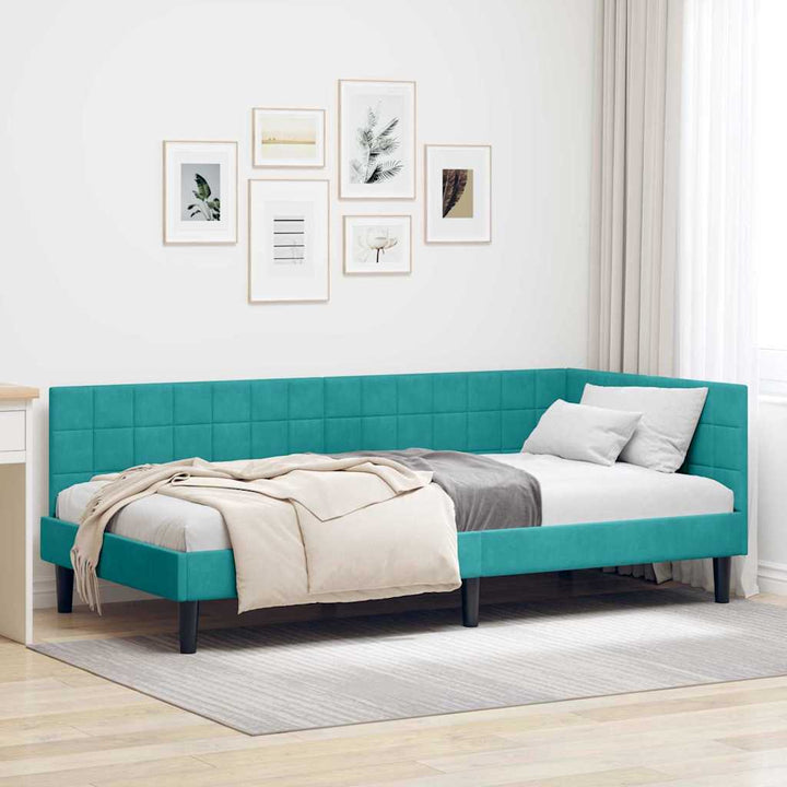 Hjørnesengramme med hovedgærde Turkis 90 cm x 190 cm Fløjl