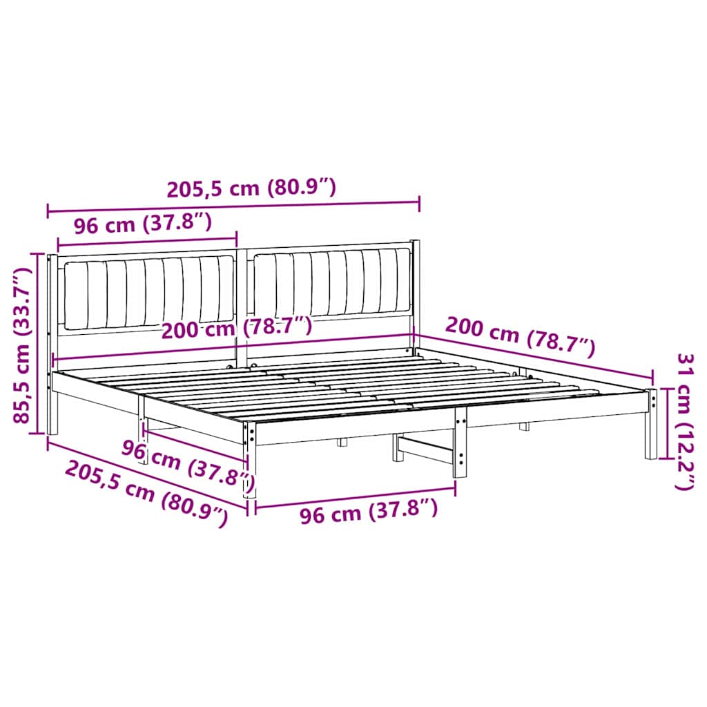 Sengestel med hovedgærde Gråbrun 200 x 200 cm Massiv fyrretræ