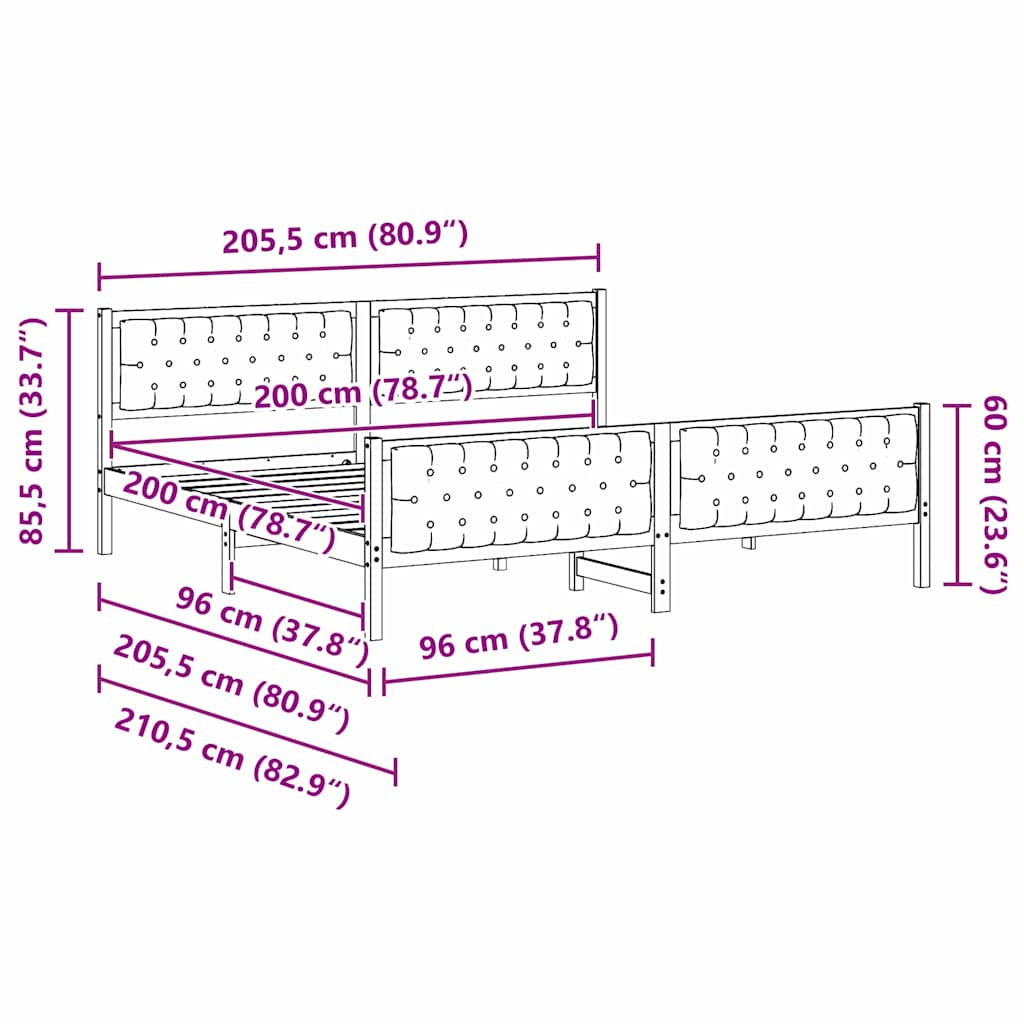 Sengestel med hovedgærde Sort 200 x 200 cm Massiv fyrretræ