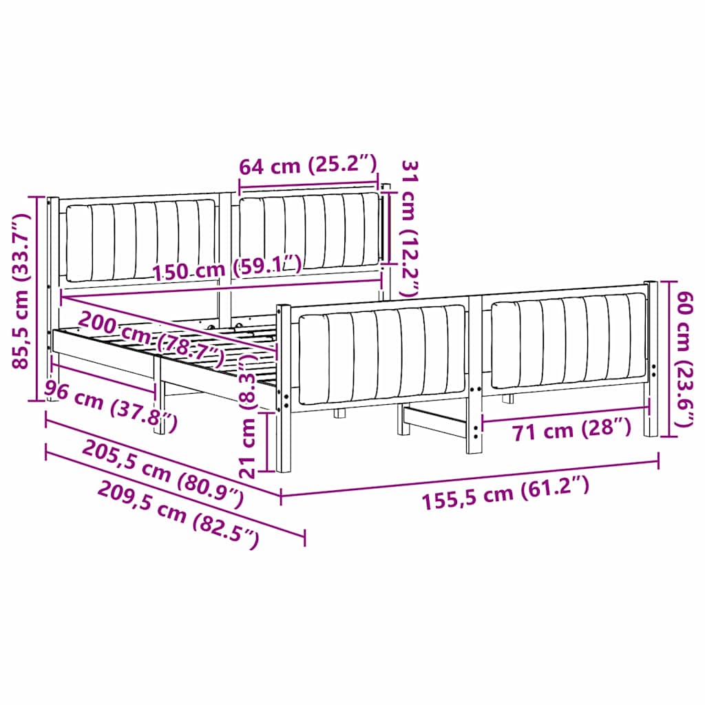 Sengestel Hvid og lys grå 150 x 200 cm Massivt fyrretræ
