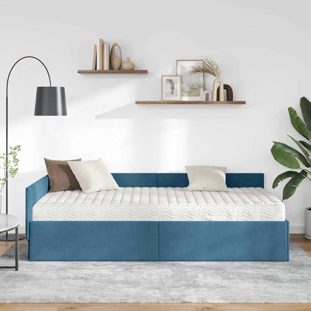 Hjørnesengramme med Madras 2 stk. Blå 90 x 190 cm Fløjl