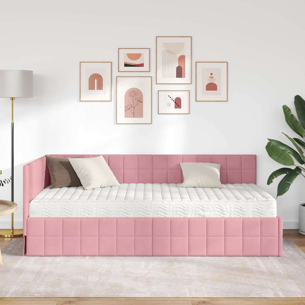 Hjørnesengramme med Madras 2 stk. Lyserød 100 x 200 cm Fløjl