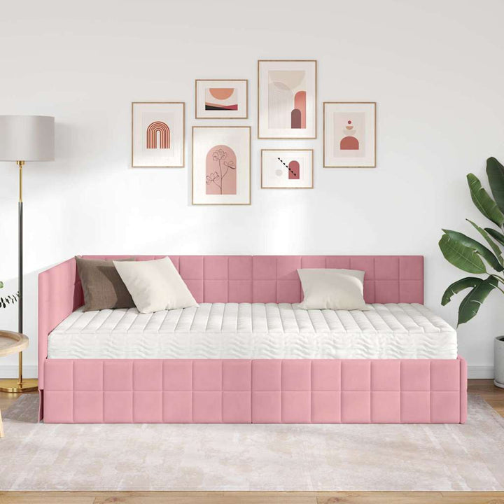 Hjørnesengramme med Madras 2 stk. Lyserød 100 x 200 cm Fløjl