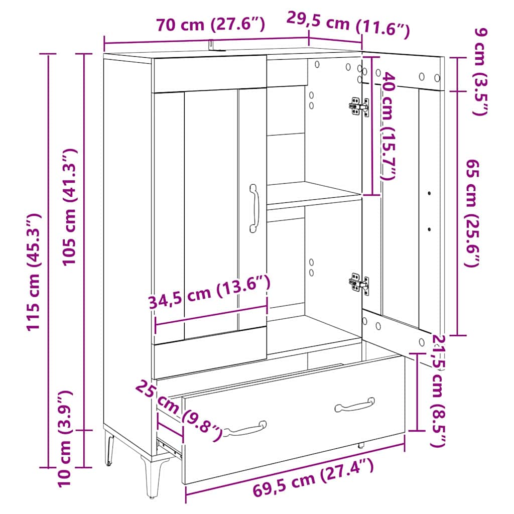 Highboard Gammelt træ 70 x 31 x 115 cm Ingeniørt træ og jern