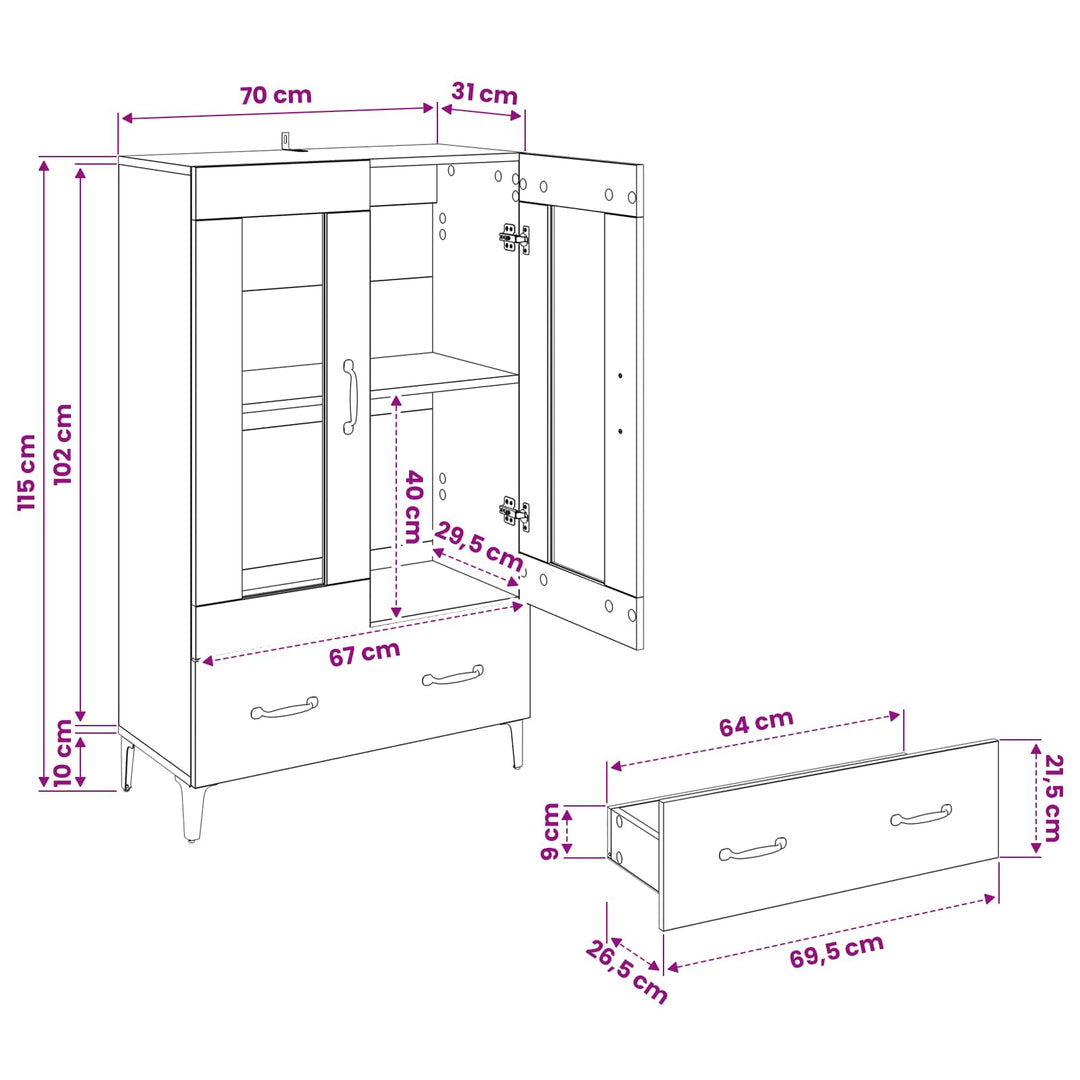 Highboard Gammelt træ 70 x 31 x 115 cm Ingeniørt træ og jern
