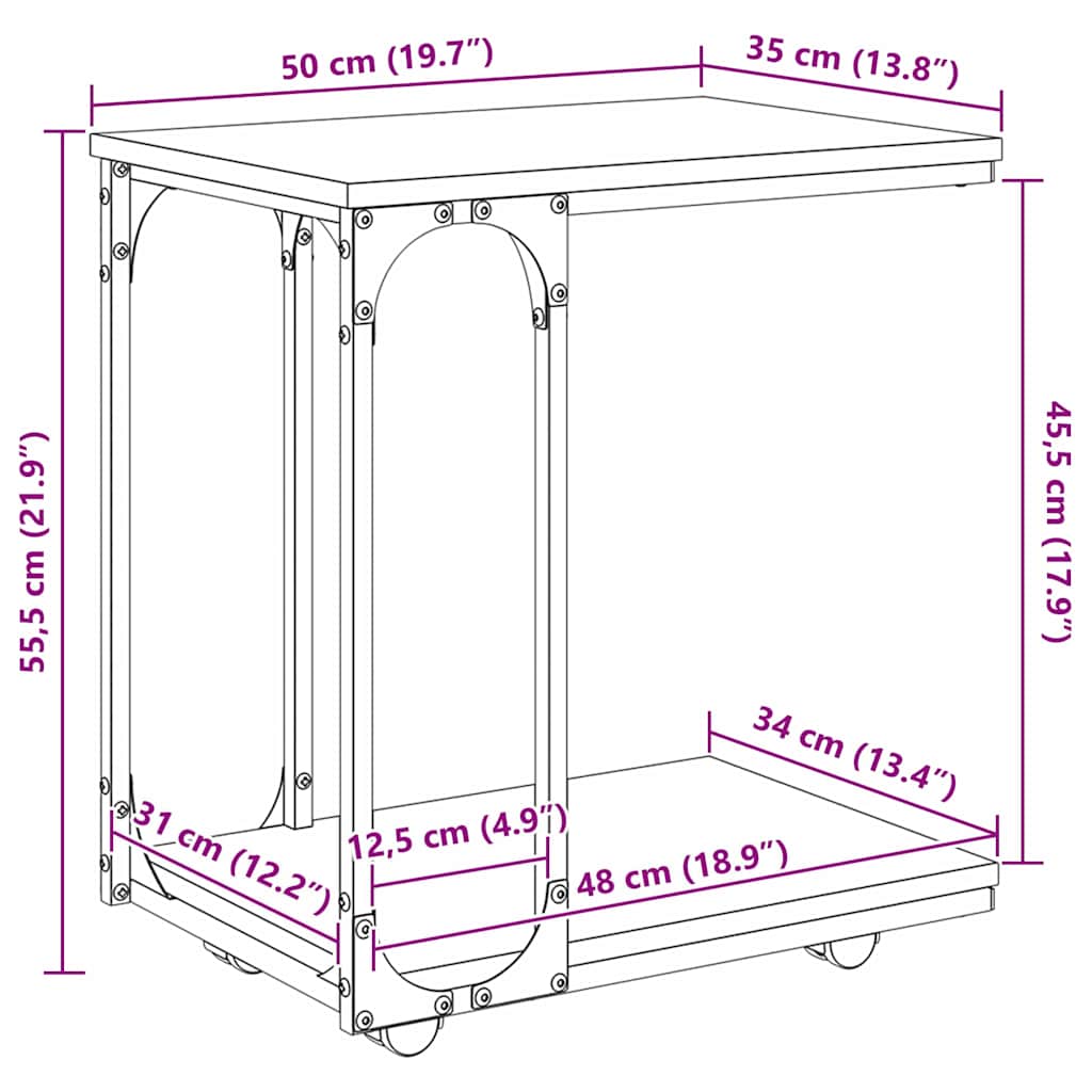 Sidebord med hjul Gammelt træ 50 x 35 x 55.5 cm Konstrueret træ