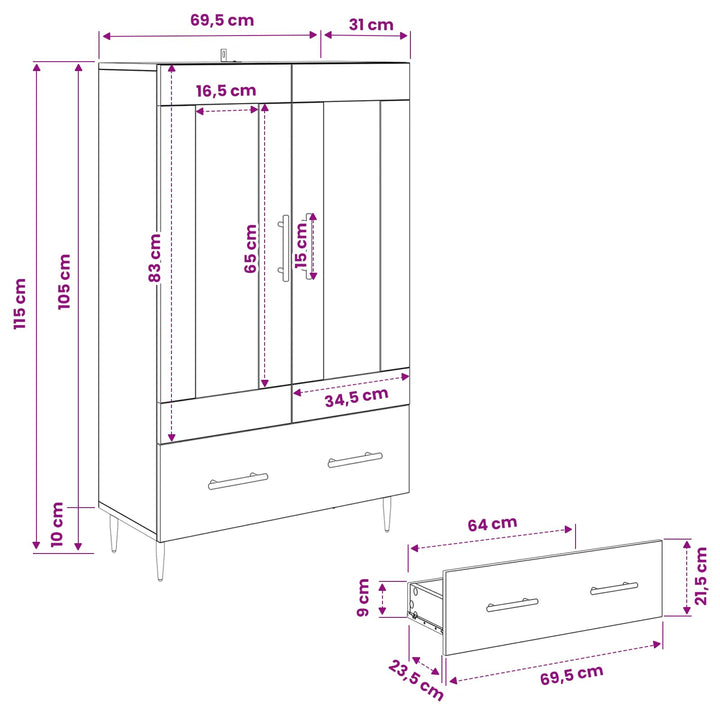Highboard Sort eg 69,5 x 31 x 115 cm Ingeniørtræ og glas