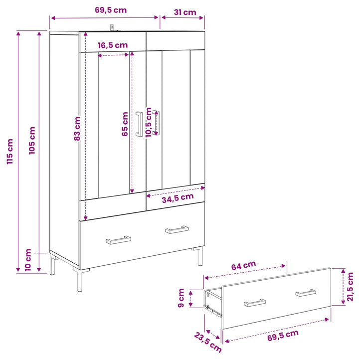 Highboard Sort eg 69,5 x 31 x 115 cm Konstrueret træ