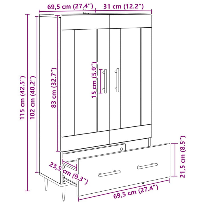 Highboard med skuffe Sort eg 69,5 x 31 x 115 cm Konstrueret træ