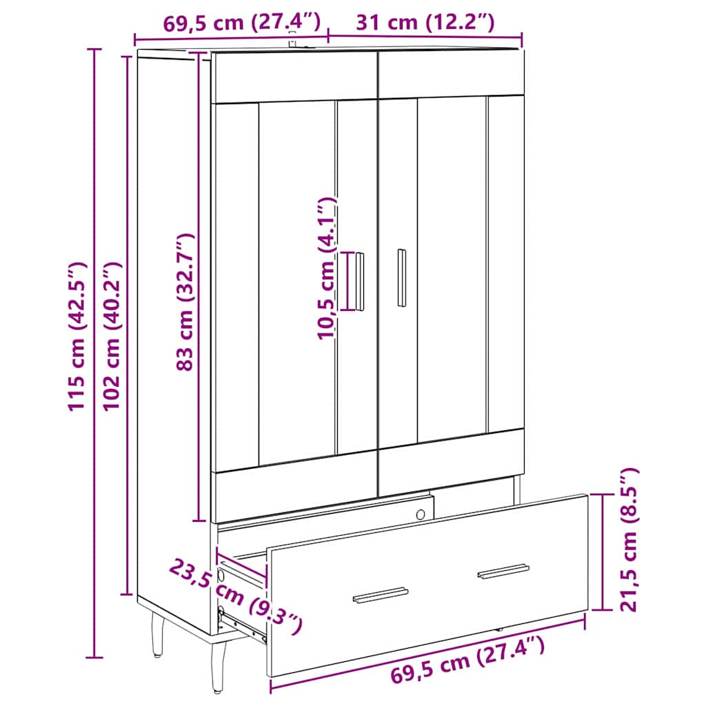 Highboard med skuffe Sort eg 69,5 x 31 x 115 cm Konstrueret træ
