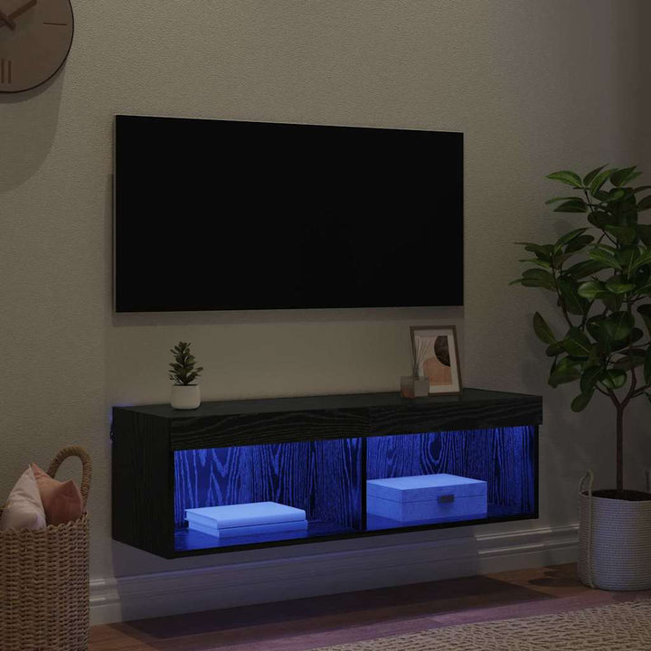 TV vægskab med LED Sort eg 100 x 30 x 30 cm Konstrueret træ