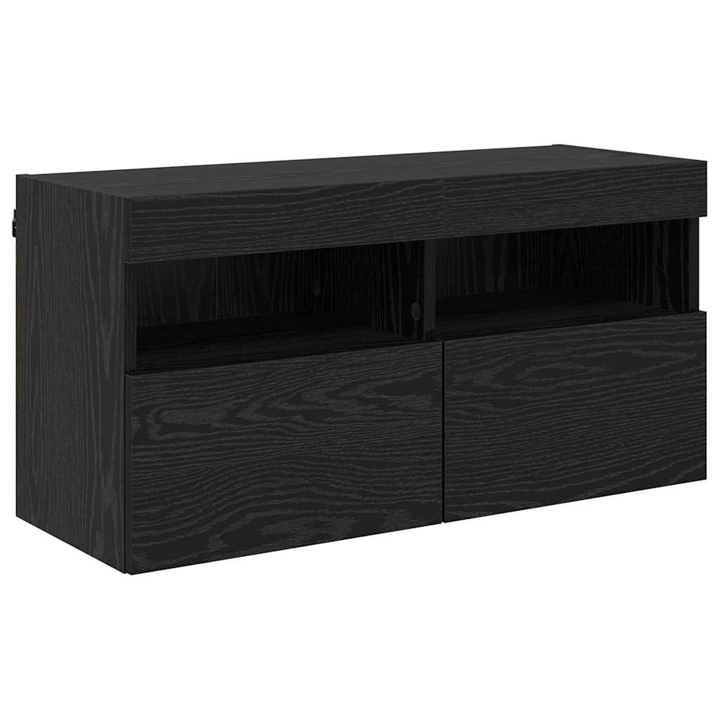 TV vægskab med LED Sort eg 80 x 30 x 40 cm Konstrueret træ