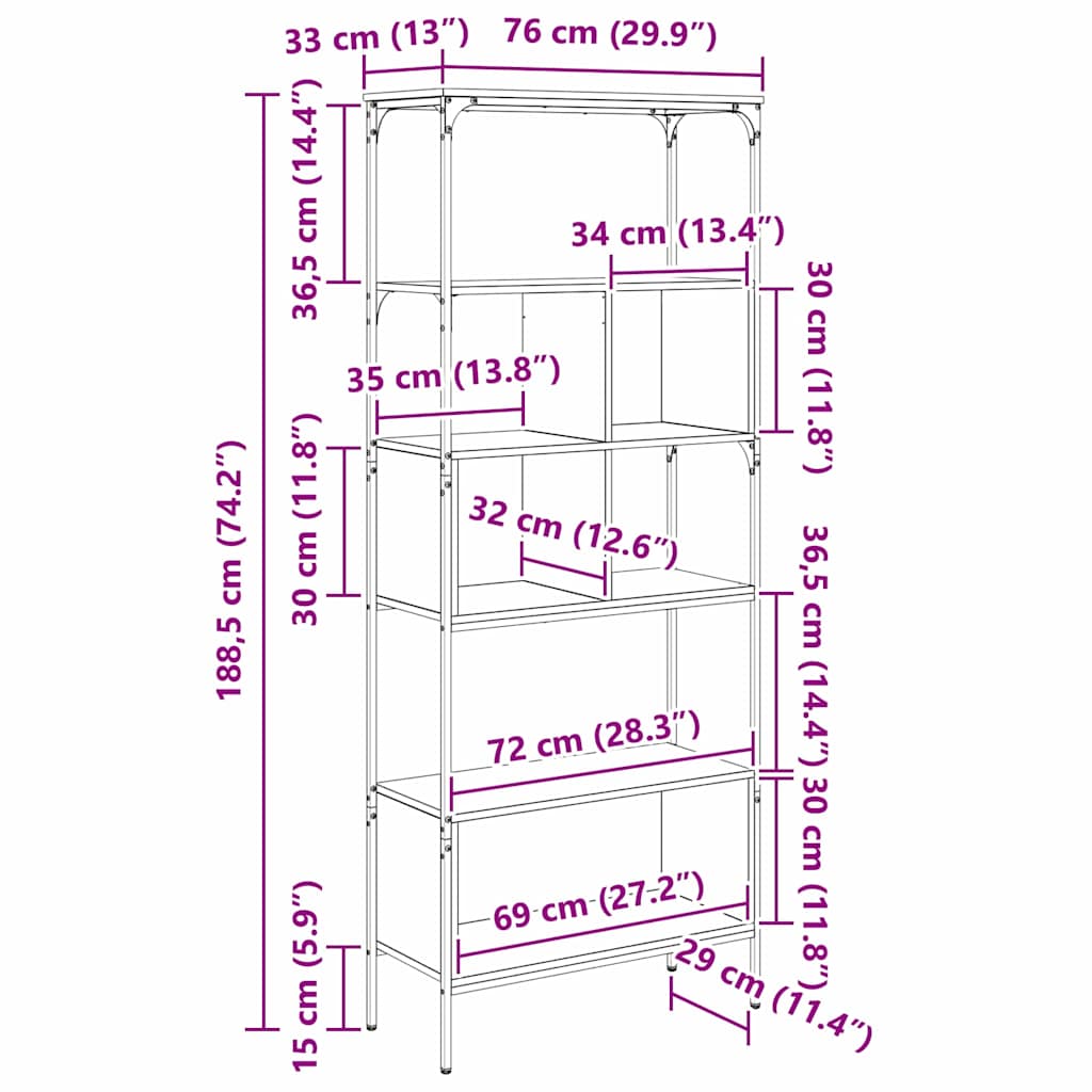 Bogreol Sort eg 76 x 33 x 188,5 cm Konstrueret træ