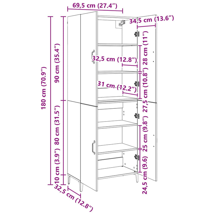 Highboard 2 stk. Gammelt træ 69,5 x 34 x 180 cm Konstrueret træ