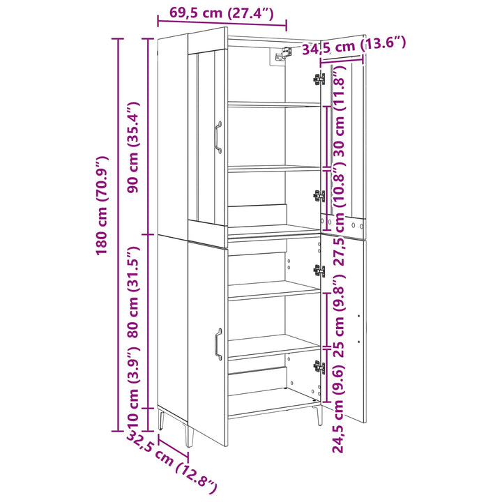 Highboard 2 stk. Gammelt træ 69,5 x 34 x 180 cm Konstrueret træ
