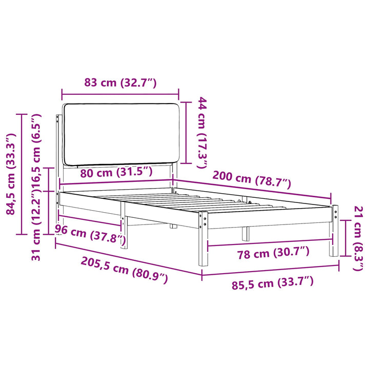 Sengestel med Polstret Hovedgavl Mørkegrå 80 x 200 cm