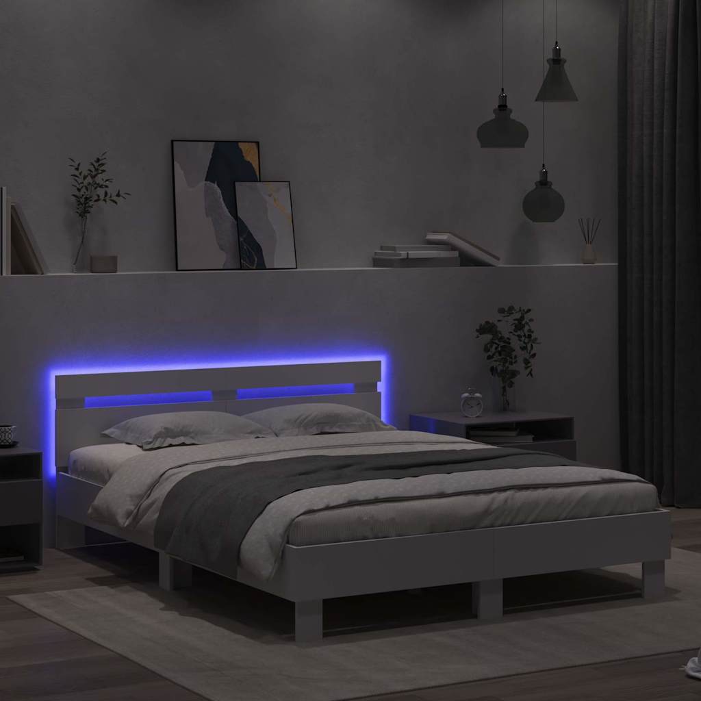 Sengestel med LED Hvid 152 x 203 cm Konstrueret træ