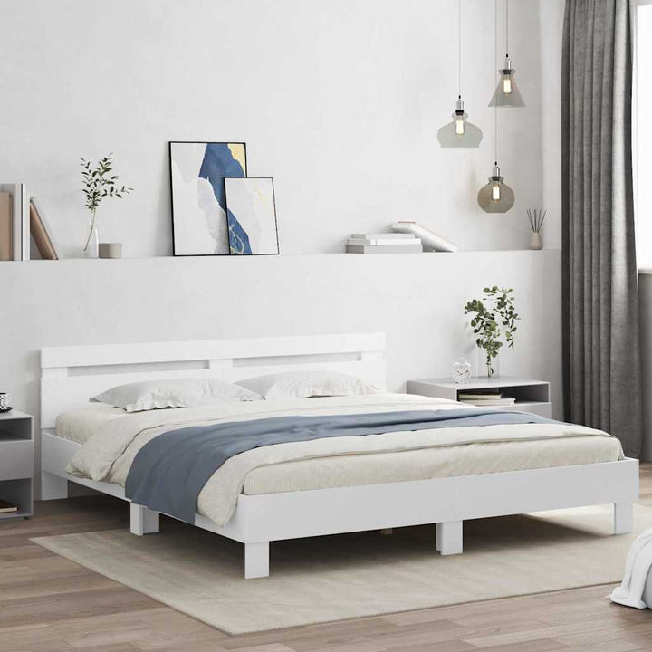 Sengestel med LED Hvid 193 x 203 cm Konstrueret træ