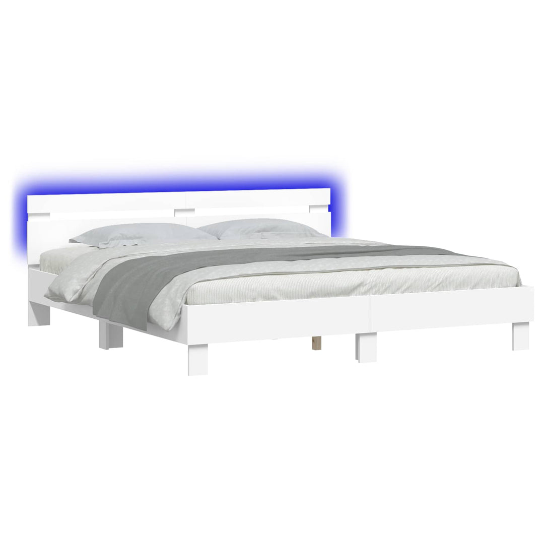 Sengestel med LED-lysstrimler Hvid 193 x 203 cm Konstrueret træ