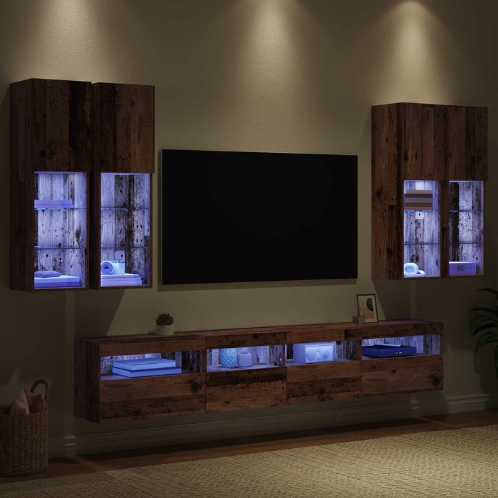 TV Væghængt Skabssæt med LED-lys med LED 7 pcs Gammelt træ