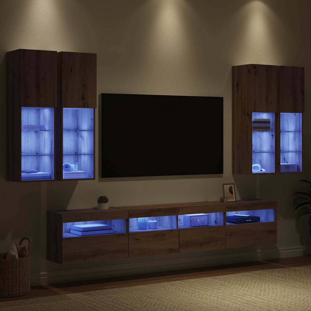 TV Væghængt Skabssæt med LED-lys 7 pcs artisan eg