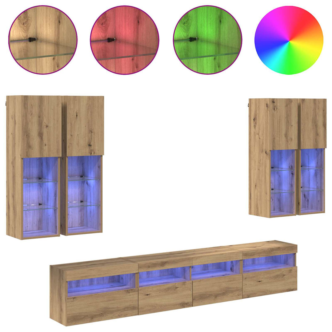TV Væghængt Skabssæt med LED-lys 7 pcs artisan eg