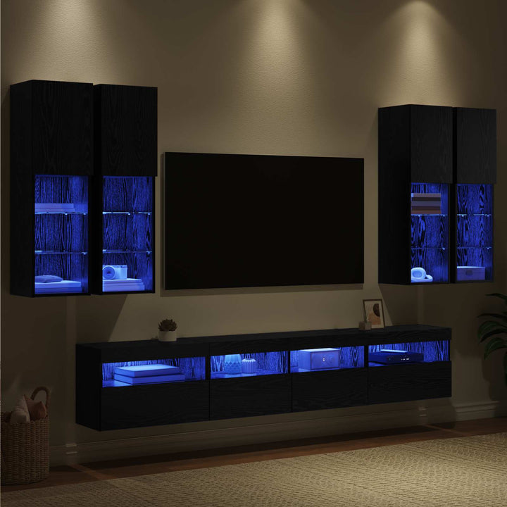 TV Væghængt Skabssæt med LED-lys 7 pcs Sort eg 100 x 30 x 40 cm