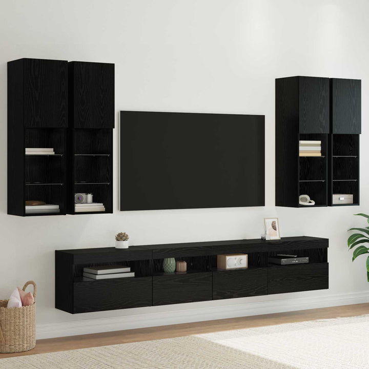 TV Væghængt Skabssæt med LED-lys 7 pcs Sort eg 100 x 30 x 40 cm