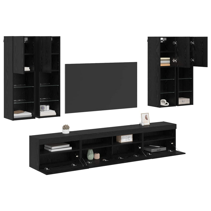 TV Væghængt Skabssæt med LED-lys 7 pcs Sort eg 100 x 30 x 40 cm