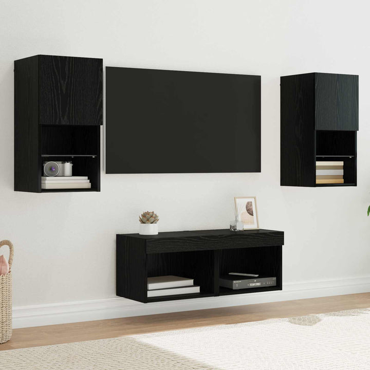 TV Væghylder med LED -strimmellys 4 pcs Sort eg Konstrueret træ